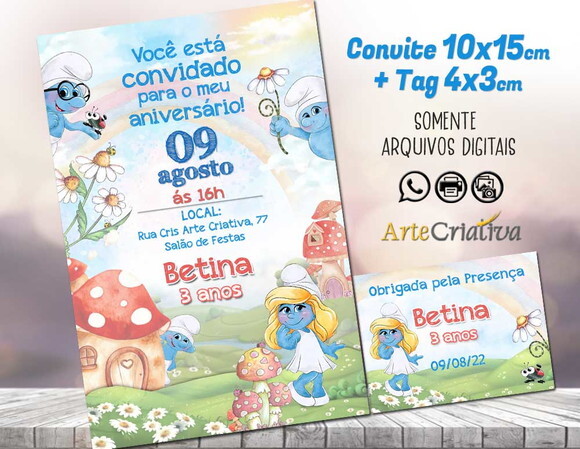 CONVITE DIGITAL C/TAG Smurfs Menina