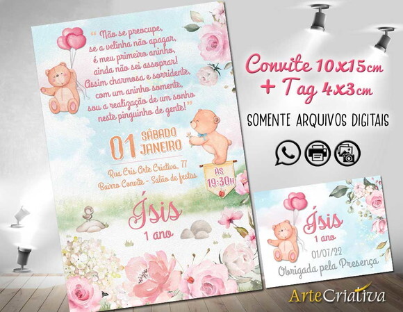 Convite Digital C/tag Ursinha Flores