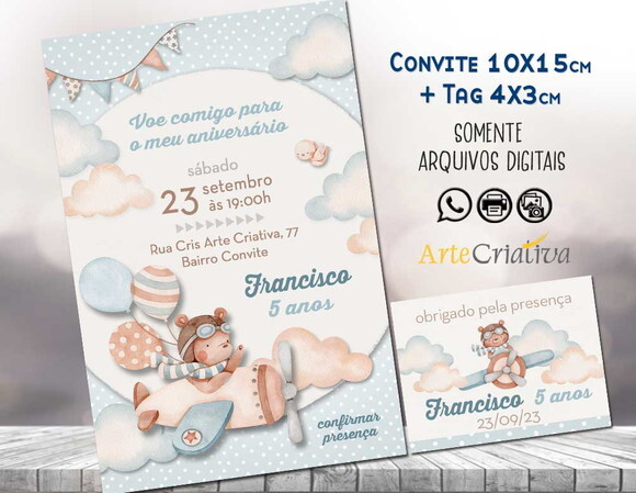 Convite Digital C/tag Ursinho Aviador