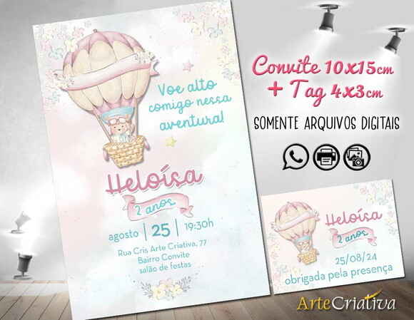 Convite Digital C/tag Ursinho Balão Tempo Voa