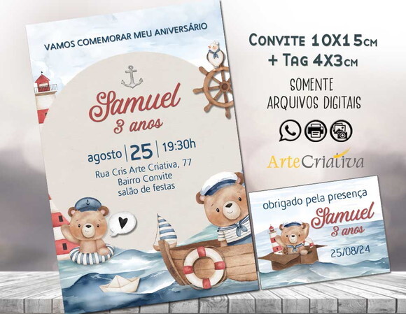 Convite Digital C/tag Ursinho Marinheiro 5