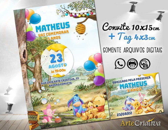 CONVITE DIGITAL C/TAG Ursinho Pooh Baby