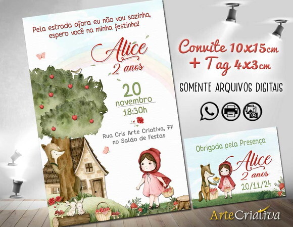 CONVITE TAG DIGITAL Chapeuzinho Vermelho Aquarela 2