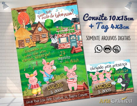 CONVITE TAG DIGITAL Os 3 porquinhos aquarelado