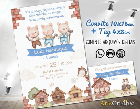Convite Tag Digital os 3 Porquinhos Aquarelado 2
