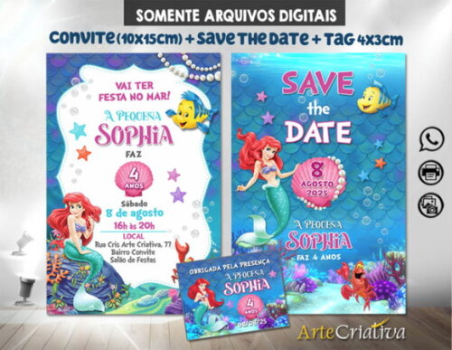 Convite + Save The Date C/tag Digital Pequena Sereia Ariel