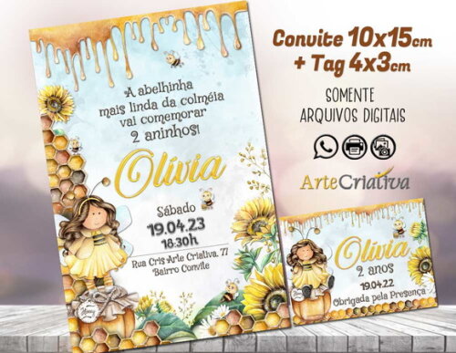 Convite Digital C/ Tag Boneca Abelhinha Com Girassóis 2