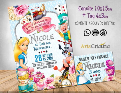 CONVITE DIGITAL C/TAG Alice no Pais das Maravilhas Vintage 3