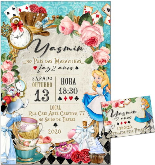 CONVITE DIGITAL C/TAG Alice no Pais das Maravilhas Vintage 1
