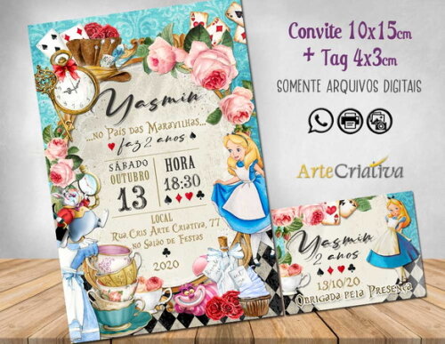 CONVITE DIGITAL C/TAG Alice no Pais das Maravilhas Vintage 1