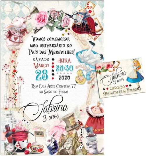 CONVITE DIGITAL C/TAG Alice no Pais das Maravilhas Vintage 2