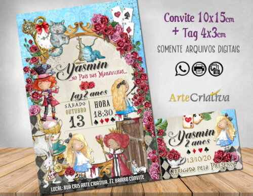 CONVITE DIGITAL C/TAG Alice no Pais das Maravilhas Vintage 5