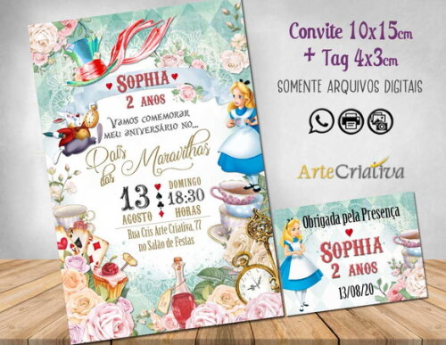 CONVITE DIGITAL C/TAG Alice no Pais das Maravilhas Vintage 4