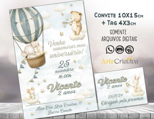 Convite Digital C/tag Animais no Balão Menino