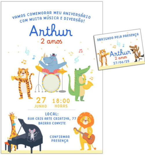 Convite Digital C/tag Aniversário Animais Música 8