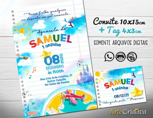 CONVITE DIGITAL C/TAG Aquarela Toquinho Caderno