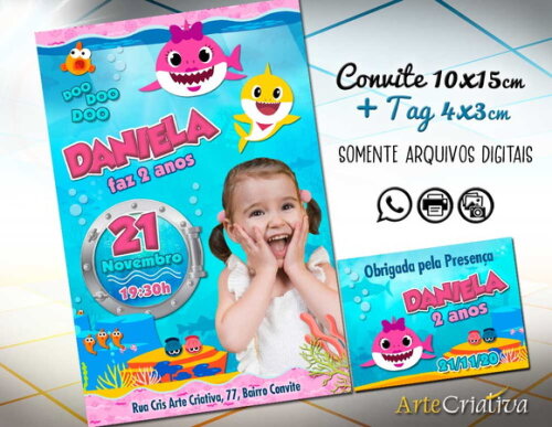 CONVITE DIGITAL C/TAG Baby Shark Menina com Foto