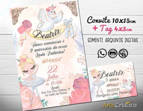 CONVITE DIGITAL C/TAG Bailarina Aquarela Cisne Branco