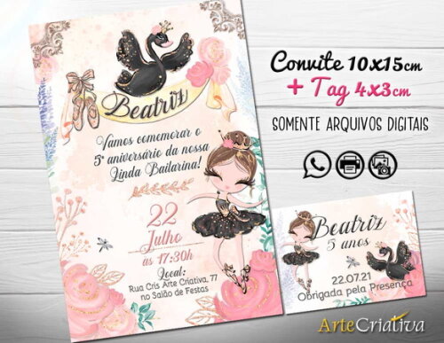CONVITE DIGITAL C/TAG Bailarina Aquarela Cisne Negro
