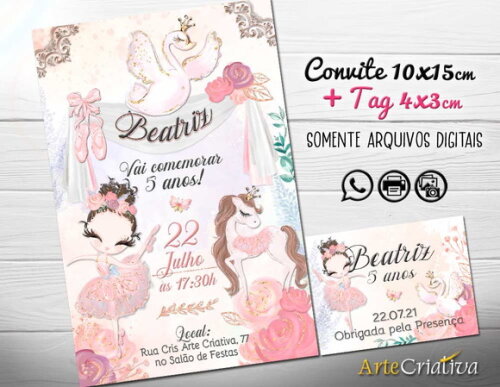 CONVITE DIGITAL C/TAG Bailarina Aquarela Cisne Rosa