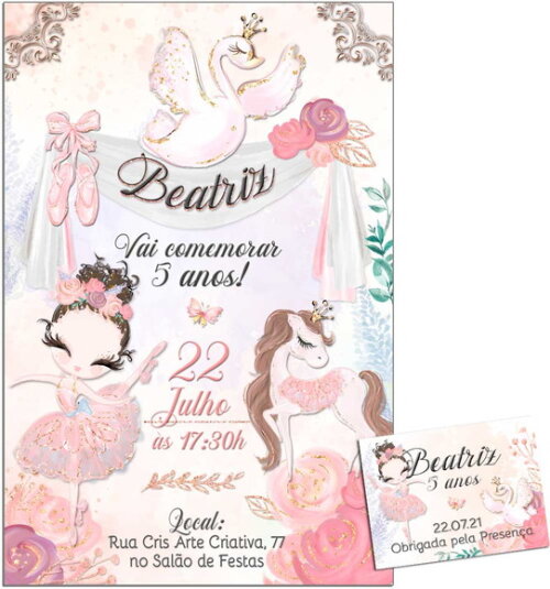 CONVITE DIGITAL C/TAG Bailarina Aquarela Cisne Rosa
