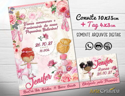 CONVITE DIGITAL C/TAG Bailarina Aquarela Vintage 1