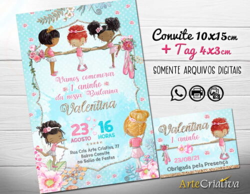CONVITE DIGITAL C/TAG Bailarina Aquarela Vintage 4