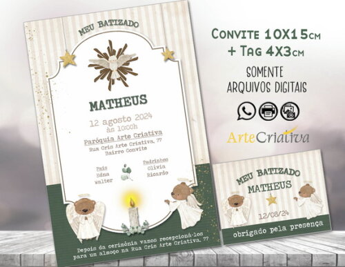 Convite Digital C/tag Batizado com Ursinho Rústico