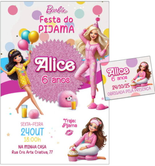 Convite Digital C/tag Boneca Barbie Festa do Pijama 1