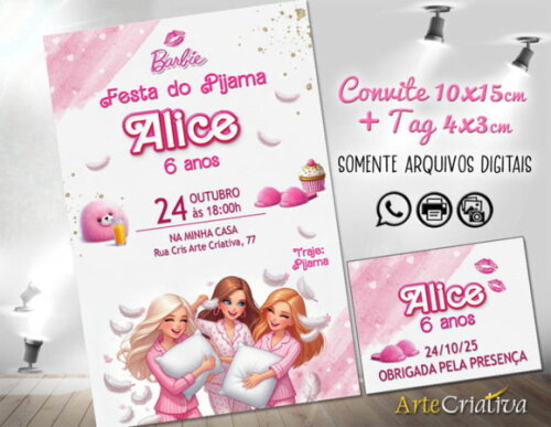 Convite Digital C/tag Boneca Barbie Festa do Pijama 2