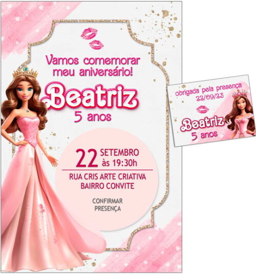 Convite Digital C/tag Boneca Barbie Rosa