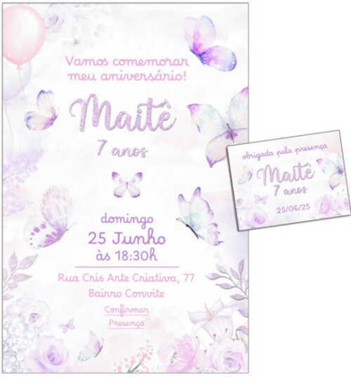 Convite Digital C/tag Borboleta e Flor Lilás