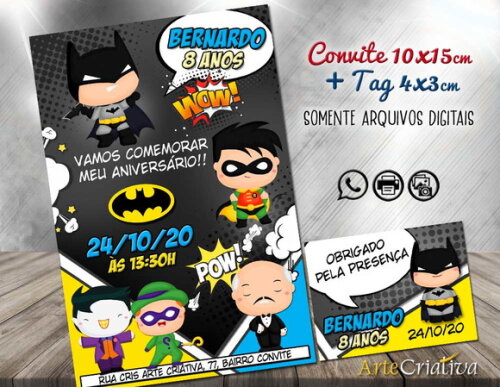 CONVITE DIGITAL C/TAG Cartoon Batman Cute