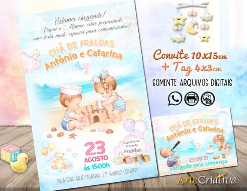 CONVITE DIGITAL C/TAG Chá de Bebê Gêmeos na Praia