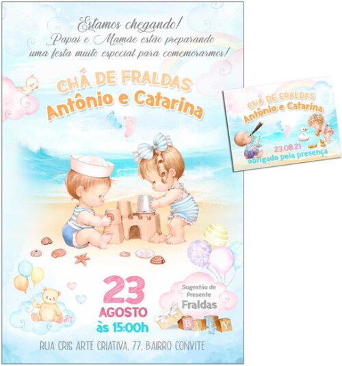 CONVITE DIGITAL C/TAG Chá de Bebê Gêmeos na Praia