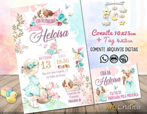 CONVITE DIGITAL C/TAG Chá de bebê Menina e Cãozinho