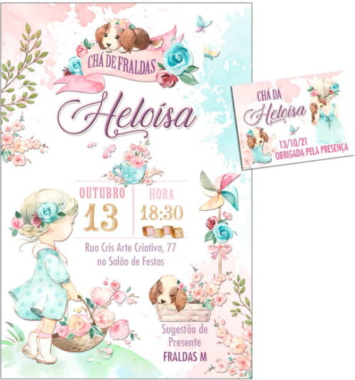 CONVITE DIGITAL C/TAG Chá de bebê Menina e Cãozinho