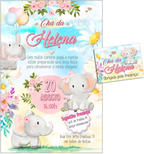 CONVITE DIGITAL C/TAG Chá de bebê Menina Elefantinho