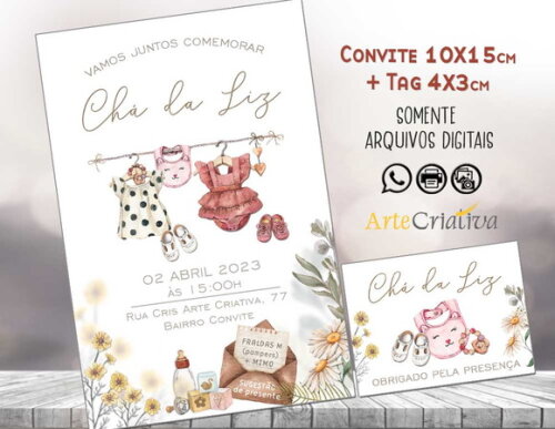 Convite Digital C/tag Chá de Bebê Menina Roupinha Boho 1