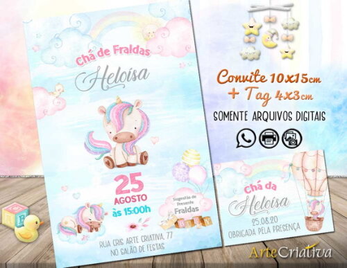 CONVITE DIGITAL C/TAG Chá de bebê Menina Unicornio 3