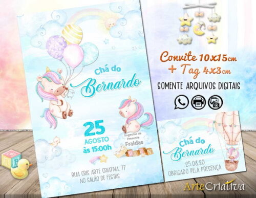 Convite Digital C/tag Chá de Bebê Menina Unicornio