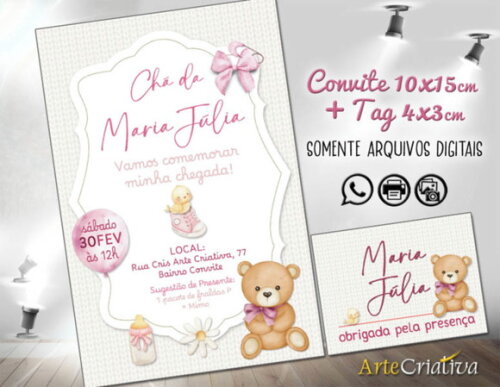 Convite Digital C/tag Chá de Bebê Menina Ursinha