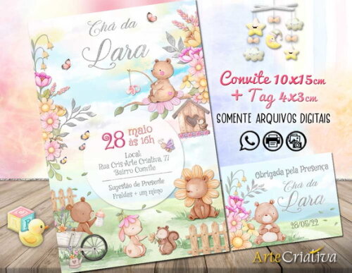 CONVITE DIGITAL C/TAG Chá de bebê Menina Ursinho