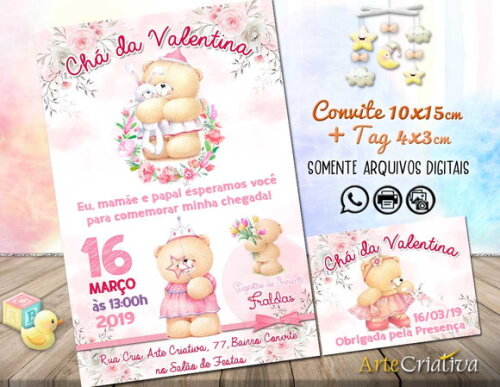 CONVITE DIGITAL C/TAG Chá de bebê Menina Ursinho 11
