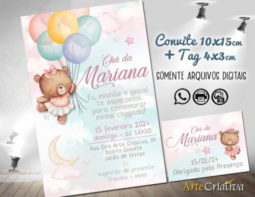 Convite Digital C/tag Chá de Bebê Menina Ursinho Bexiga