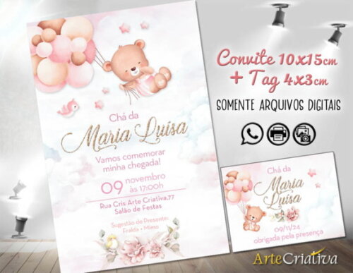Convite Digital C/tag Chá de Bebê Menina Ursinho 12