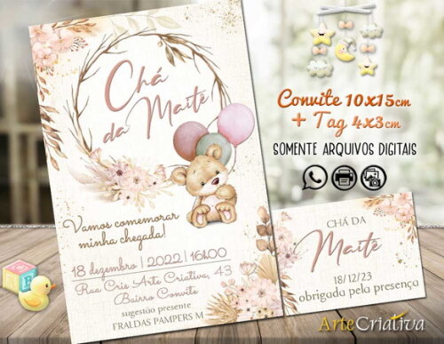 Convite Digital C/tag Chá de Bebê Menina Ursinho Boho