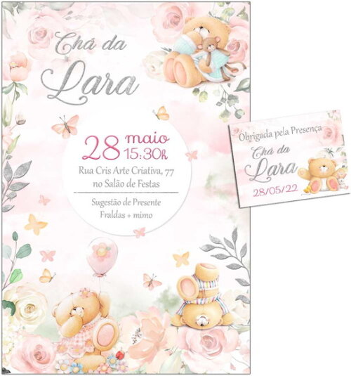 CONVITE DIGITAL C/TAG Chá de bebê Menina Ursinho e Flores