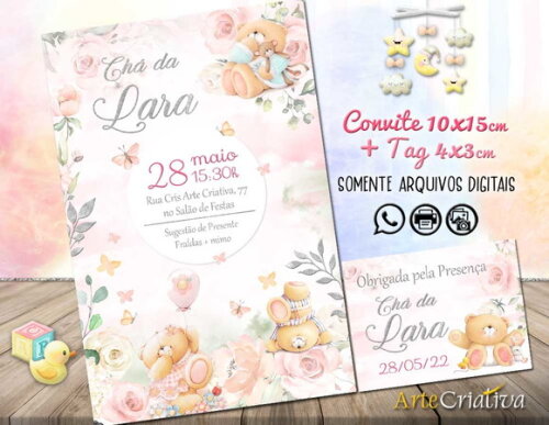 CONVITE DIGITAL C/TAG Chá de bebê Menina Ursinho e Flores