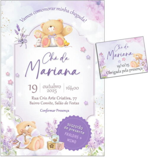 Convite Digital C/tag Chá de Bebê Menina Ursinho Lavanda